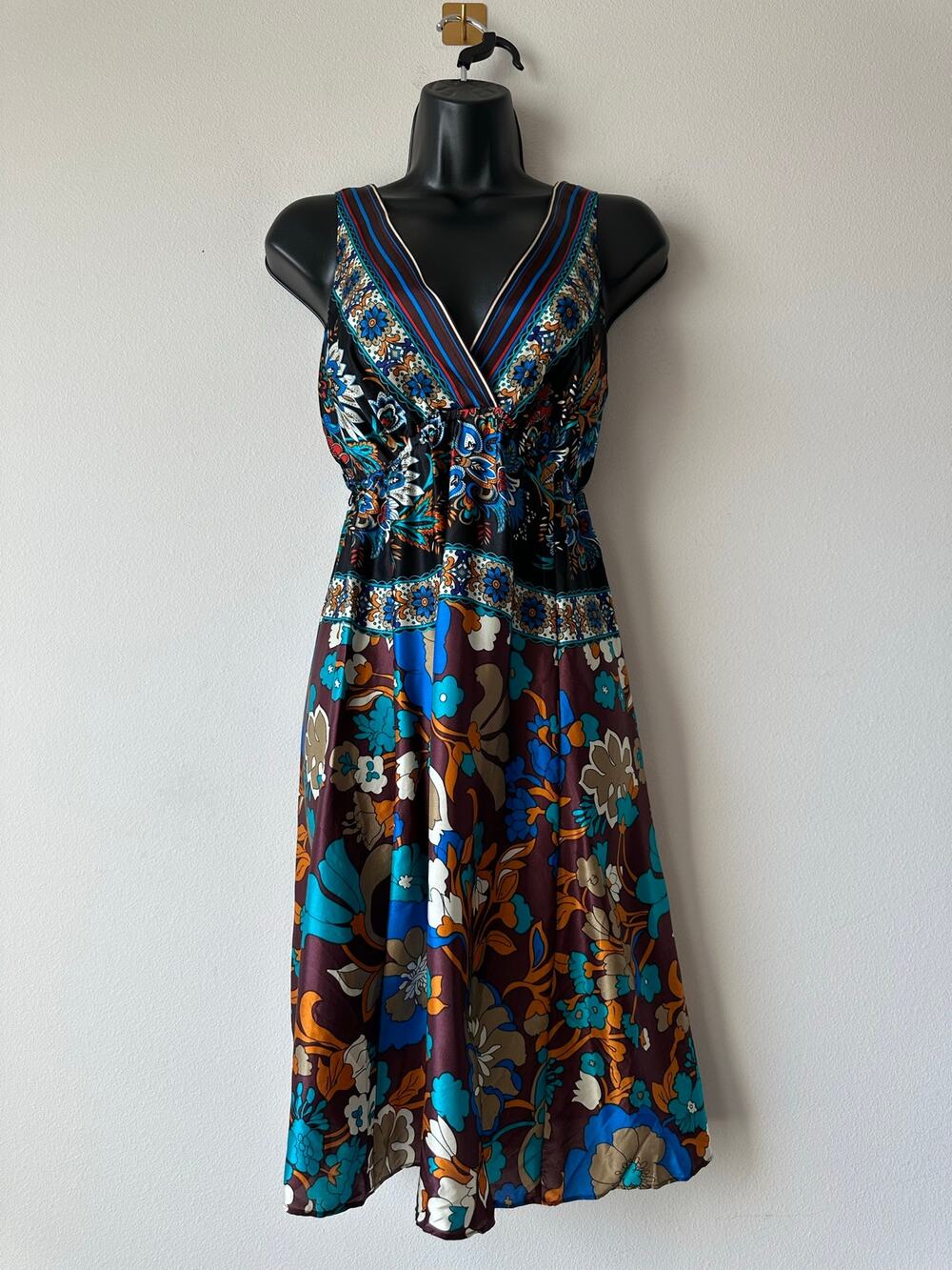 Vintage 100% Silk Floral Dress Boho Paisley Empire Waist Festival M